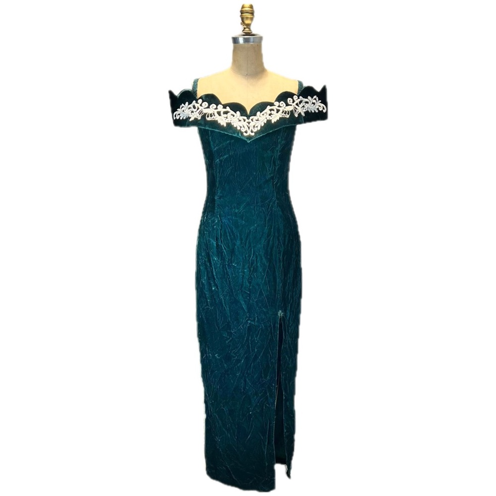 VINTAGE 80s emerald green velvet formal gown prom dress off shoulder lace column - Picture 3 of 15